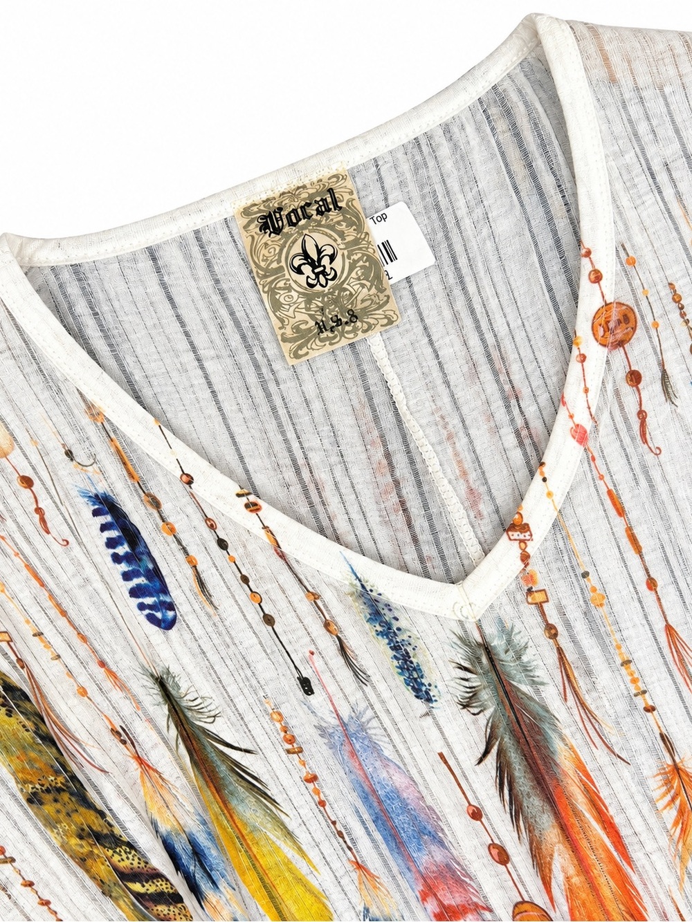 Vocal White V-Neck Feather Print Short Sleeve Top - Picture 3 of 3
